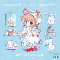  1girl :d animal_ears apron back_bow bear_ears bear_girl bear_tail bloomers blue_background blue_eyes blush_stickers bottle bow braid brown_hair chibi chibi_only dot_nose dress from_behind full_body hat highres long_hair looking_at_viewer looking_back mihuashi_username open_mouth original red_shoes sample_watermark shoes short_sleeves sink smile socks solo standing stuffed_animal stuffed_toy tail teddy_bear tushou twin_braids unworn_bloomers unworn_socks watermark white_apron white_bloomers white_dress white_hat white_socks window 