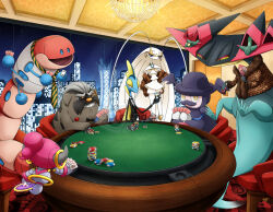  animal_print artist_name black_bow black_bowtie black_jacket black_sclera black_suit blue_pupils bow bowtie bright_pupils building card ceiling_light chair city closed_eyes closed_mouth clothed_pokemon coat cocktail_glass colored_sclera commentary cup diagonal-striped_clothes diagonal-striped_necktie ditto dragapult dreepy drinking_glass english_commentary eyelashes facial_hair floating fur_coat grin holding holding_card holding_cup hoopa hoopa_(confined) hoopa_earrings indoors inteleon jacket jewelry leopard_print long_sleeves mabosstiff mr._rime mustache necklace necktie night off_shoulder open_mouth orange_eyes orthworm pheromosa playing_card pokemon pokemon_(creature) pokemon_focus poker_chip poker_table portal_(object) prism_tower sharp_teeth shirt signature sitting smile standing star_(sky) striped_clothes striped_necktie suit suit_jacket table teeth thecalendork transformed_ditto two-tone_necktie violet_eyes watermark white_pupils white_shirt window yellow_eyes 