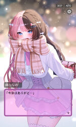  1girl absurdres alternate_costume asagayu317 asymmetrical_hair bag black_gem black_hair blue_eyes blurry blurry_background blush bow braid brown_scarf center_frills coat commentary_request cropped_legs crown_braid frilled_skirt frills gem gift gift_bag hair_bow hair_ornament hairclip heart heart_hair_ornament highres holding holding_bag holding_gift layered_skirt long_sleeves looking_at_viewer multicolored_hair open_clothes open_coat open_mouth outdoors pink_hair pink_skirt plaid_clothes plaid_scarf red_gem scarf scarf_bow skirt smile snowing solo streaked_hair tachibana_hinano thigh-highs valentine virtual_youtuber visual_novel vspo! white_bow white_coat white_thighhighs 