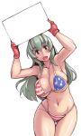  1girl american_flag_bikini bikini blush breasts cleavage flag_print gloves green_hair large_breasts long_hair looking_at_viewer older open_mouth pink_eyes rozen_maiden sign smile solo suigintou swimsuit thigh_gap tsuda_nanafushi white_background 