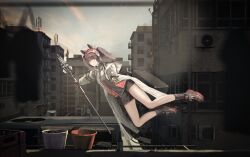  1girl absurdres angelina_(arknights) animal_ears apartment arknights balcony beer_bottle black_collar black_gloves black_shirt black_shorts black_socks brown_hair building character_name chinese_commentary coat collar commentary_request condenser_unit day dot_nose earpiece extra_ears film_grain floating flower_pot fox_ears full_body gloves gnnim4 hairband headpiece highres holding holding_staff infection_monitor_(arknights) jacket ladder laundry layered_shirt long_sleeves looking_at_viewer medium_hair multicolored_hairband open_clothes open_coat open_jacket radio_antenna red_eyes red_hairband red_jacket red_shoes rooftop shirt shoes short_shorts shorts sky smile sneakers socks solo staff striped_clothes striped_hairband twintails two-tone_hairband white_coat zipper_pull_tab 