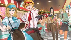 1girl 3boys :/ absurdres alternate_costume apron aqua_neckerchief belt black_apron black_eyes black_hair black_necktie blonde_hair blue_eyes braid brown_armor brown_pants brown_shirt burger ceiling_light checkered_floor cheese clipboard cola collared_shirt command_spell commentary_request cup disposable_coffee_cup disposable_cup drink dropping earrings excalibur_(fate/stay_night) excalibur_(fate/strange_fake) fate/strange_fake fate_(series) flat_escardos food glass highres holding holding_clipboard holding_tray indoors jack_the_ripper_(fate/strange_fake) jewelry korean_commentary lettuce looking_at_another lord_el-melloi_ii meat multicolored_hair multiple_boys neckerchief necktie onion onion_rings orange_pants pants plant potato_goril potted_plant red_eyes red_hair red_necktie richard_i_(fate) richard_i_(second_ascension)_(fate) sajou_ayaka_(fate/strange_fake) shirt shirt_tucked_in single_braid spilling standing standing_on_one_leg streaked_hair striped_clothes striped_shirt sweat teacher_and_student tomato tomato_slice tray two-tone_shirt vertical-striped_clothes vertical-striped_shirt visor_cap waiter waitress watch watch waver_velvet 