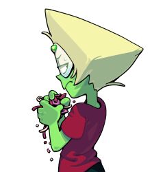  1girl alien alternate_costume blonde_hair blue_blush casual colored_blush colored_skin discount-supervillain face_shield forehead_jewel frown gem gem_(steven_universe) green_skin peridot_(steven_universe) shirt short_hair solo steven_universe sweat t-shirt triangle-shaped_hair upper_body 