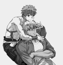  2boys archer_(fate) archer_(summer_casual)_(fate) commentary_request crossed_arms detached_sleeves emiya_shirou fate/grand_order fate_(series) glasses greyscale gyogyo_hjj highres korean_commentary male_focus monochrome multiple_boys senji_muramasa_(fate) single_detached_sleeve sleeves_rolled_up smile sweatdrop 