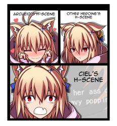  1girl absurdres ahoge animal_ear_fluff animal_ears arcueid_brunestud blue_bow blush bow cat_ears cat_girl closed_eyes fang fate/grand_order fate_(series) fingerless_gloves flustered gloves hair_between_eyes headphones heart highres hood hoodie multiple_expressions phantas-moon phantas-moon_(second_ascension) pink_hoodie pout red_eyes sakurello skin_fang smile surprised sweat tsukihime wide-eyed 