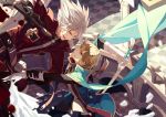  2boys arm_grab battle blazblue blonde_hair faceoff gloves green_eyes grin heterochromia highres jin_kisaragi male multiple_boys open_mouth ragna_the_bloodedge red_eyes selenoring short_hair silver_hair smile sword uniform weapon 