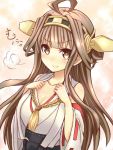  bare_shoulders breasts brown_eyes brown_hair cleavage detached_sleeves double_bun hairband highres japanese_clothes kantai_collection kongou_(kantai_collection) long_hair long_sleeves miko nontraditional_miko wide_sleeves 