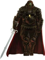  1boy absurdres armor armored_boots arms_at_sides beard black_armor black_boots black_pants blue_gem boots breastplate cape clenched_hands closed_mouth colored_skin crack evil_smile facial_hair faulds full_body furrowed_brow ganondorf gem gold_trim grey_skin happy head_chain heel_up highres holding holding_sword holding_weapon jewelry knee_pads looking_at_viewer male_focus nakano_yusuke official_art pants red_cape red_hair short_hair shoulder_armor simple_background smile solo standing sword sword_of_the_six_sages the_legend_of_zelda the_legend_of_zelda:_twilight_princess thick_eyebrows third-party_source transparent_background vambraces weapon yellow_eyes yellow_gem 