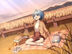  1girl ahoge arahashi_tabi blue_eyes blue_hair bouquet brown_skirt cardigan dopal1223 flower food fruit grass hashtag-only_commentary heart heart_ahoge highres indian_style long_sleeves open_cardigan open_clothes open_mouth orange_(fruit) outdoors picnic_basket picnic_blanket pink_flower pleated_skirt pungdangi_(arahashi_tabi) shirt shoes short_hair sitting skirt sky sneakers socks stellive unbuttoned unworn_shoes virtual_youtuber wheat_field white_flower white_shirt white_shoes white_socks yellow_cardigan yellow_flower 