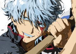  1boy 333takoyaki absurdres blood bokken commentary_request gintama hadanugi_dousa highres japanese_clothes kimono male_focus open_clothes open_kimono sakata_gintoki smile solo sword sword_writing weapon white_hair white_kimono wooden_sword 
