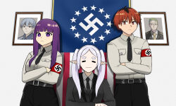  1boy 2girls :3 american_flag armband belt black_belt black_necktie black_pants black_suit blunt_bangs breast_pocket breasts buttons closed_mouth collared_shirt commission cosplay elf fern_(sousou_no_frieren) frieren george_lincoln_rockwell george_lincoln_rockwell_(cosplay) heiter highres himmel_(sousou_no_frieren) koalakanru long_hair long_sleeves looking_at_viewer medium_breasts multicolored_hair multiple_girls nazi necktie pants parted_bangs photo-referenced photo_(object) pocket pointy_ears purple_hair real_life red_armband red_hair shirt short_hair sidelocks sousou_no_frieren stark_(sousou_no_frieren) suit swastika twintails violet_eyes white_hair white_shirt 