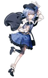  1girl arm_up asymmetrical_legwear black_bag black_boots black_bow black_capelet black_hat black_pantyhose blue_hair blue_necktie blue_skirt boots bow braid braided_hair_rings capelet frilled_skirt frills full_body grey_vest hair_rings hand_up hat high_heel_boots high_heels highres holding_strap long_sleeves looking_at_viewer mahou_shoujo_no_majo_saiban migolu miniskirt necktie open_mouth pantyhose plaid_clothes plaid_skirt short_hair sideways_hat single_leg_pantyhose skirt smile solo standing tachibana_sherry vest white_background yellow_eyes 