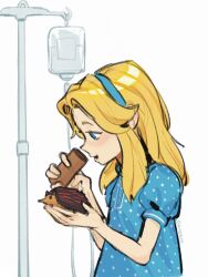  1girl :d animal blonde_hair blood blood_bag blue_dress blue_eyes blue_hairband blush collared_dress dress hairband hands_up highres holding holding_animal kiioki11 long_hair maria_robotnik open_mouth simple_background smile solo sonic_(series) standing tube white_background 