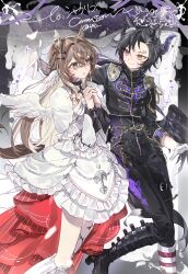  2girls aiguillette air_shakur_(umamusume) alternate_costume angel angel_and_devil angel_wings animal_collar animal_ear_piercing animal_ears asymmetrical_bangs asymmetrical_footwear beads belt black_belt black_boots black_border black_collar black_hair black_jacket black_pants black_wings boots border brown_hair butch/femme_couple capelet circlet collar collared_jacket commission commissioner_name crossdressing crossdressing_(ftm) crossed_bangs demon_girl demon_horns doodle_inset dress dress_pants ear_ornament eyelashes face_piercing feathered_wings feet_out_of_frame fine_motion_(umamusume) foot_out_of_frame forehead_piercing frilled_dress frilled_sleeves frills gloves gradient_border grey_border grey_eyes hair_beads hair_between_eyes hair_intakes hair_ornament hairclip happy head_wings heterochromia high-waist_pants high_collar high_heel_boots high_heels highres horns horse_ears horse_girl horse_tail interlocked_fingers jacket knee_boots lace-up_boots layered_sleeves long_hair long_sleeves looking_at_another low_wings mismatched_footwear mole mole_under_each_eye mole_under_eye multiple_girls multiple_moles multiple_piercings multiple_wings open_mouth outside_border outstretched_arm own_hands_clasped own_hands_together pants parallel_hairclips piercing pink_belt puffy_short_sleeves puffy_sleeves purple_horns shoe_belt short_dress short_hair short_over_long_sleeves short_sleeves shoulder_pads sk1y_as sleeve_cuffs square_neckline surprised tail too_many too_many_belts train_(clothing) umamusume very_long_hair violet_eyes white_background white_boots white_capelet white_dress white_gloves white_wings wide_sleeves wings yellow_eyes yuri 