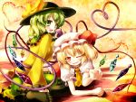  2girls ascot blonde_hair bow breasts flandre_scarlet gengetsu_chihiro green_eyes green_hair hat hat_bow heart heart_of_string highres komeiji_koishi long_sleeves looking_at_viewer lying mob_cap multiple_girls on_stomach open_mouth puffy_sleeves red_eyes shirt short_sleeves sideboob sitting skirt smile third_eye touhou troll_face wariza wings wink 