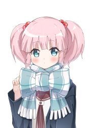  1girl absurdres alternate_costume aqua_eyes blue_coat blush bow brown_sailor_collar closed_mouth coat commentary dot_mouth dress hair_bobbles hair_ornament hand_up highres komeko416 long_sleeves looking_at_viewer nanamori_school_uniform navel pink_hair red_dress sailor_collar sailor_shirt scarf scarf_bow school_uniform shirt short_hair simple_background solo straight-on striped_clothes striped_scarf twintails upper_body white_background white_shirt yoshikawa_chinatsu yuruyuri 