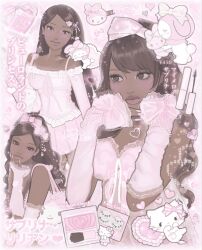  1girl arm_warmers bow brown_eyes brown_hair dark-skinned_female dark_skin fake_eyelashes hair_bow heart hello_kitty hello_kitty_(character) highres larsheen makeup mascara_wand multiple_views my_melody my_melody_(series) off-shoulder_shirt off_shoulder original pink_arm_warmers pink_background pink_bow pink_shirt pink_theme rouge_(makeup) sanrio shirt translation_request 