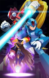  3boys absurdres android arm_cannon armor bass_(mega_man) black_armor black_helmet blonde_hair blue_armor blue_eyes brown_cloak claws cloak energy_sword facial_mark forehead_jewel full_body green_eyes helmet highres holding holding_sword holding_weapon in-franchise_crossover long_hair male_focus mega_man_(classic) mega_man_(series) mega_man_x_(series) multiple_boys red_armor red_eyes red_helmet sword ultimatemaverickx weapon x_(mega_man) z_saber zero_(mega_man) 