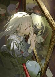  1girl absurdres amoris_(bang_dream!) ascot ave_mujica_(bang_dream!) bang_dream! bang_dream!_it's_mygo!!!!! beret blue_choker blue_dress character_doll choker closed_eyes commentary different_reflection doll doloris_(bang_dream!) dress frilled_choker frills green_hair hat highres kouhiipan long_hair long_sleeves mirror misumi_uika mortis_(bang_dream!) mortis_(costume)_(bang_dream!) mortis_(persona)_(bang_dream!) oblivionis_(bang_dream!) plaid_clothes plaid_dress red_hat reflection timoris_(bang_dream!) togawa_sakiko wakaba_mutsumi white_ascot yahata_umiri yellow_eyes yuutenji_nyamu 