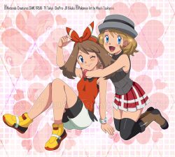  2girls arm_around_shoulder bike_shorts blonde_hair blue_eyes boots brown_hair english_commentary floating full_body hairband hat heart heart_background highres looking_at_viewer may_(pokemon) mega_ring miyuki_tsukiyono multiple_girls one_eye_closed open_mouth patterned_background pink_background plaid_clothes plaid_skirt pokemon pokemon_(anime) pokemon_journeys pokemon_oras red_hairband red_shirt serena_(pokemon) shirt shoes skirt sleeveless smile thigh-highs yellow_shoes 