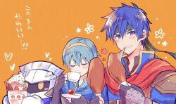  3boys arm_guards black_gloves black_headband blue_cape blue_eyes blue_hair blush blush_stickers cape chicken_(food) chicken_leg clenched_teeth closed_eyes closed_mouth commentary_request cup eating fingerless_gloves fire_emblem flower_symbol food gloves hairband headband heart highres holding holding_cup holding_saucer ice_cream ike_(fire_emblem) kirby_(series) male_focus marth_(fire_emblem) meta_knight multiple_boys orange_background red_cape saucer sundae super_smash_bros. teeth translation_request upper_body yataba 