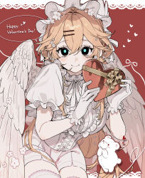  1girl absurdres angel_wings black_eyes blonde_hair box box_of_chocolates breasts bright_pupils character_request closed_mouth commentary copyright_request corset cowboy_shot crn_sosaku english_text flower frills gift gloves hair_flower hair_ornament hairclip happy_valentine headdress heart heart-shaped_box highres holding holding_gift lace lace_thighhighs large_breasts long_hair neck_ribbon parallel_hairclips puffy_short_sleeves puffy_sleeves red_background ribbon shirt short_sleeves shorts smile solo thigh-highs untranslatable_commentary valentine very_long_hair white_gloves white_shirt white_shorts white_thighhighs wings zettai_ryouiki 