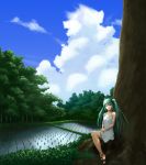  1girl clouds din_(raiden) dress green_eyes green_hair hatsune_miku highres long_hair rice_paddy sitting sky smile solo tree twintails vocaloid 