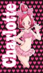  1girl bow character_name dokidoki!_precure dress flat_chest hair_bow half_updo hand_on_hip heart heart_background highres midriff mikunido202 miniskirt navel no_bra personification pink_dress pink_eyes pink_hair precure sharuru_(dokidoki!_precure) short_hair skirt smile solo tank_top underbood 