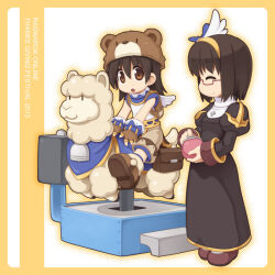  2girls alpaca animal_hat backpack bag bear_hat black_dress black_hair boots brown_boots brown_eyes brown_gloves brown_shoes brown_shorts closed_eyes coin_purse copyright_name cross dated dress fingerless_gloves glasses gloves guimpe hair_ornament hairband hat holding holding_bag juliet_sleeves kiddie_ride long_dress long_sleeves looking_at_another mini_wings multiple_girls nun official_artist_extra priest_(ragnarok_online) puffy_sleeves ragnarok_online semi-rimless_eyewear shirt shoes shorts sleeve_cuffs super_novice_(ragnarok_online) white_shirt white_wings wing_hair_ornament wings yellow_background yellow_hairband yuichirou 