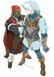  2boys absurdres armor boots brown_boots cape colored_sclera commentary_request crossed_arms dark-skinned_male dark_skin facial_tattoo fierce_deity fingerless_gloves full_body ganondorf gerudo gloves highres male_focus multiple_boys no_pupils phrygian_cap pointy_ears red_cape red_hair short_hair standing tattoo the_legend_of_zelda the_legend_of_zelda:_majora's_mask the_legend_of_zelda:_ocarina_of_time tsunamio7 tunic white_hair 