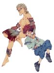  2boys anklet armlet barefoot blonde_hair brown_hair child dima earrings facial_mark feathers highres hoop_earrings jewelry jojo_no_kimyou_na_bouken joseph_joestar_(young) multiple_boys overalls shoes sleeping sneakers tattoo time_paradox vambraces wamuu younger 