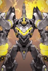  absurdres arms_at_sides clenched_hands commentary_request cosmo-5 duel_monster electricity feet_out_of_frame glowing glowing_eyes highres looking_at_viewer mecha no_humans robot signature solo standing straight-on ultimate_flag_mech_tough_striker yellow_eyes yu-gi-oh! yu-gi-oh!_rush_duel 