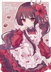  1girl absurdres alternate_costume alternate_hairstyle apron black_hair border bow brown_background candy chocolate collared_dress commentary_request cowboy_shot crown dress flower food frilled_apron frilled_dress frills hair_flower hair_ornament hand_up happy_valentine heart heart-shaped_chocolate heart-shaped_food highres long_hair long_sleeves looking_at_viewer mahou_shoujo_no_majo_saiban nikaido_hiro red_bow red_dress red_eyes runa_(runa7733) side_ponytail standing white_apron white_border 