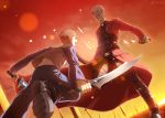  2boys archer broken_weapon emiya_shirou fate/stay_night fate_(series) field_of_blades fighting highres jeans kanshou_&amp;_bakuya multiple_boys raglan_sleeves redhead shoes sneakers sword unlimited_blade_works weapon white_hair xiaoxie 