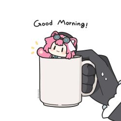  2girls animal_ears black_gloves blush_stickers cat_ears cat_girl cat_tail chibi coffee coffee_mug commentary cup english_commentary english_text fur_trim gloves goggles hat highres hololive hololive_english morning mug multiple_girls notice_lines ouro_kronii ouro_kronii_(1st_costume) pink_hair raora_panthera raora_panthera_(1st_costume) simple_background sweatdrop tail twitter_username underdatv white_background 