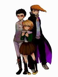  3boys brown_eyes brown_hair crossdressinging dangan_ronpa fujisaki_chihiro ishimaru_kiyotaka long_hair medal multiple_boys oowada_mondo red_eyes school_uniform short_hair smile trap uniform violet_eyes 