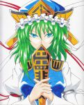 1girl armband blue_eyes breasts bust colored_eyelashes covering_mouth epaulettes green_hair hands_together hat hat_ribbon highres long_sleeves looking_at_viewer puffy_sleeves ribbon rod_of_remorse shikieiki_yamaxanadu short_hair simple_background solo touhou trance_(imas7372) tsurime vest white_background 