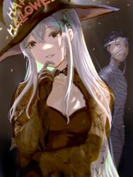 1boy 1girl alternate_costume bandages black_dress black_eyes black_hair black_hat breasts brown_eyes bug butterfly butterfly_hair_ornament cosplay dress echidna_(re:zero) english_text finger_to_own_chin gloves green_butterfly hair_between_eyes hair_ornament hair_slicked_back halloween halloween_costume hat highres large_hat long_hair long_sleeves looking_at_viewer mummy_costume natsuki_subaru nikuman_(samara) open_mouth re:zero_kara_hajimeru_isekai_seikatsu short_hair simple_background small_breasts smile white_hair witch witch_hat 