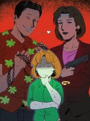  1boy 2girls animification borderline7839 breasts brown_hair chain commentary corrupted_twitter_file crossed_arms diane_simmons family_guy glenn_quagmire green_shirt gun hand_on_own_chin handgun heart highres holding holding_chain holding_gun holding_weapon jacket lipstick lois_griffin makeup medium_breasts multiple_girls nervous_sweating orange_hair red_jacket red_lips red_shirt red_skirt shaded_face shirt short_hair skirt sleeves_rolled_up sweat thinking untranslatable_commentary violet_eyes weapon 
