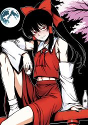  1girl absurdres ascot black_hair blush bottle bow breasts cherry_blossoms choko_(cup) closed_mouth commentary_request cup detached_sleeves frilled_bow frilled_hair_tubes frills full_moon hair_bow hair_tubes hakurei_reimu highres holding holding_cup long_hair looking_at_viewer moon night ponytail red_ascot red_bow red_skirt ryoan_(voyagehermitage) sitting skirt skirt_set small_breasts socks solo touhou white_socks 