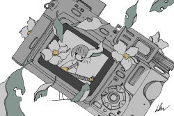  1girl absurdres barefoot commentary digital_camera flower guitar highres instrument kaduise leaf looking_at_viewer original short_hair signature solo spot_color standing 