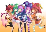  5girls :&lt; aqua_eyes arashiya black_legwear brown_eyes brown_hair dumpty_alma emil_chronicle_online fang green_eyes green_hair hat hood interlocked_fingers long_hair low_twintails multiple_girls navel open_mouth pepen_alma purple_hair puzzle_&amp;_dragons red_eyes redhead salamander_alma shabo_alma short_hair star striped striped_legwear thighhighs tiny_alma twintails two_side_up violet_eyes wide_sleeves 