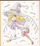  1girl alternate_costume bat baton blonde_hair capelet fang flandre_scarlet hat looking_at_viewer maru_usagi open_mouth pink_eyes shirt side_ponytail skirt smile solo star striped striped_legwear thigh-highs touhou traditional_media wings wink witch_hat wrist_cuffs zettai_ryouiki 
