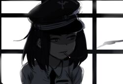  1girl breast_pocket cigarette commentary greyscale hat kill-chan looking_to_the_side medium_hair military_hat monochrome necktie no_jacket open_mouth original pocket reichsadler saki_(c_ybrbnby) skull_and_crossbones smoking solo totenkopf 