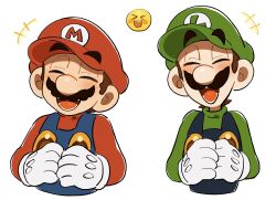  2boys blue_overalls brothers brown_hair closed_eyes commentary emoji facial_hair gloves green_hat green_shirt hands_on_own_chest happy hat highres laughing long_sleeves luigi male_focus mario mimimi_(mimimim9999) multiple_boys mustache open_mouth overalls red_hat red_shirt shirt short_hair siblings simple_background super_mario_bros. untranslatable_commentary upper_body white_background white_gloves 