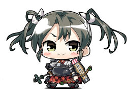  1girl arrow_(projectile) bow_(weapon) brown_gloves chibi chibi_only commentary flight_deck gloves green_eyes hair_ribbon hakama hakama_skirt hand_on_own_hip holding holding_arrow holding_bow_(weapon) holding_weapon japanese_clothes kantai_collection kimono long_hair muneate partially_fingerless_gloves red_hakama ribbon rigging simple_background single_glove skirt smile solo twintails weapon white_background white_kimono white_ribbon yagumo_kengou yugake zuikaku_(kancolle) 