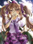  1girl artist_request black_wings brown_eyes brown_hair checkered checkered_skirt hand_on_own_chin hand_on_own_face hat himekaidou_hatate long_hair necktie pom_pom_(clothes) skirt tokin_hat touhou twintails wings 