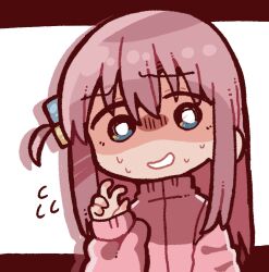  1girl blue_eyes bocchi_the_rock! commentary_request cube_hair_ornament flying_sweatdrops gotoh_hitori hair_ornament hand_up henyomen high_collar highres jacket long_hair long_sleeves nervous_smile nervous_sweating one_eye_closed pink_hair shaded_face sleeves_past_wrists smile solo sweat track_jacket 