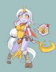  1girl absurdly_long_hair blue_skin blush hooves horn league_of_legends long_hair open_mouth pointy_ears ponytail solo soraka staff very_long_hair yan531 yellow_eyes 