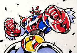  arm_blade armor blue_armor clenched_hands commentary_request cowboy_shot debris forehead_jewel getter_dragon getter_robo getter_robo_g hamuten_(hmltzero) hands_up mecha mecha_focus multicolored_armor red_armor robot super_robot weapon yellow_armor yellow_eyes 